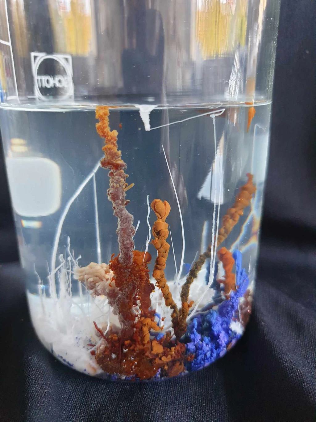 Jardin chimique formé dans un bocal de laboratoire