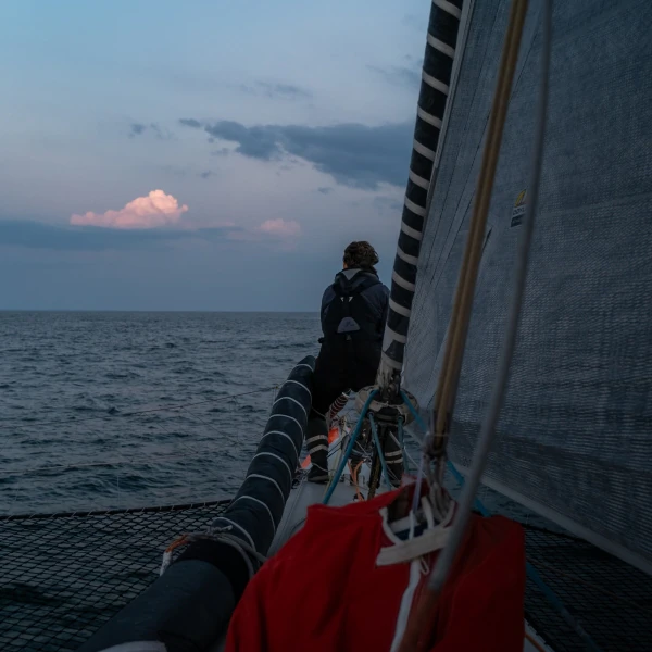 Homme navigateur qui observe l'horizon depuis son trimaran