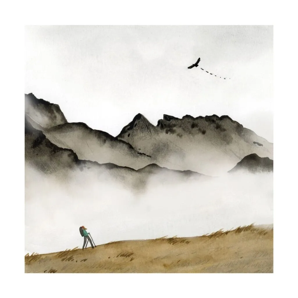 Dessin de Lauriane Miara d'un aigle qui vole au dessin d'un randonneur en montagne