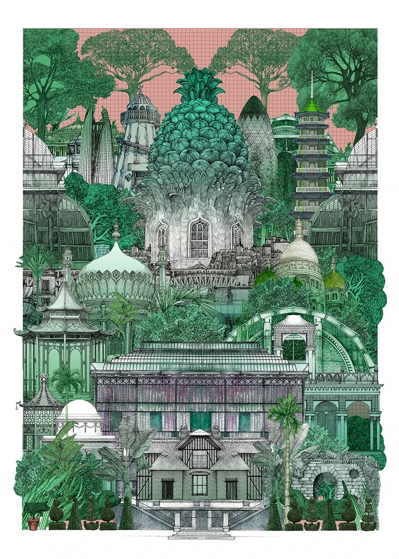 Illustration colorée assemblant des architectures emblématiques (pagode, kiosque, serre) recouvertes de plantes vertes sur fond rose