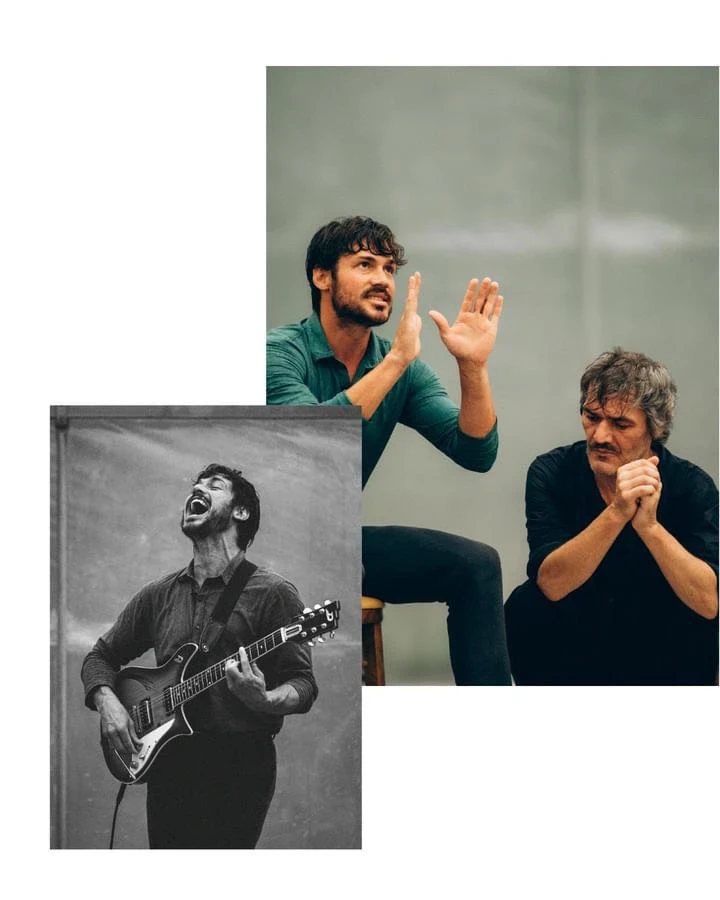 Collage de deux photos en noir et blanc et couleur : Gael Faure chantant à la guitare électrique, et sur scène avec un autre comédien