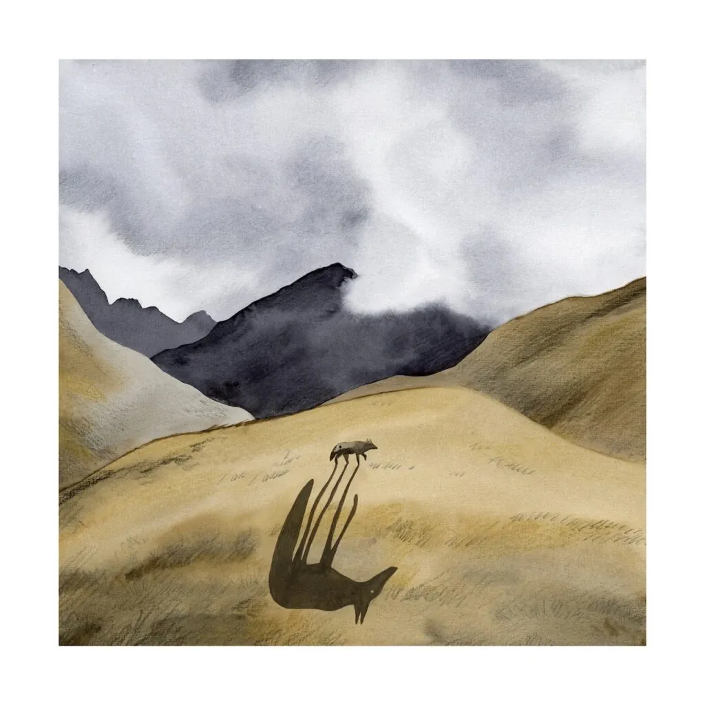 Dessin de Laurian Miara d'un loup et son ombre dans une prairie de montagne