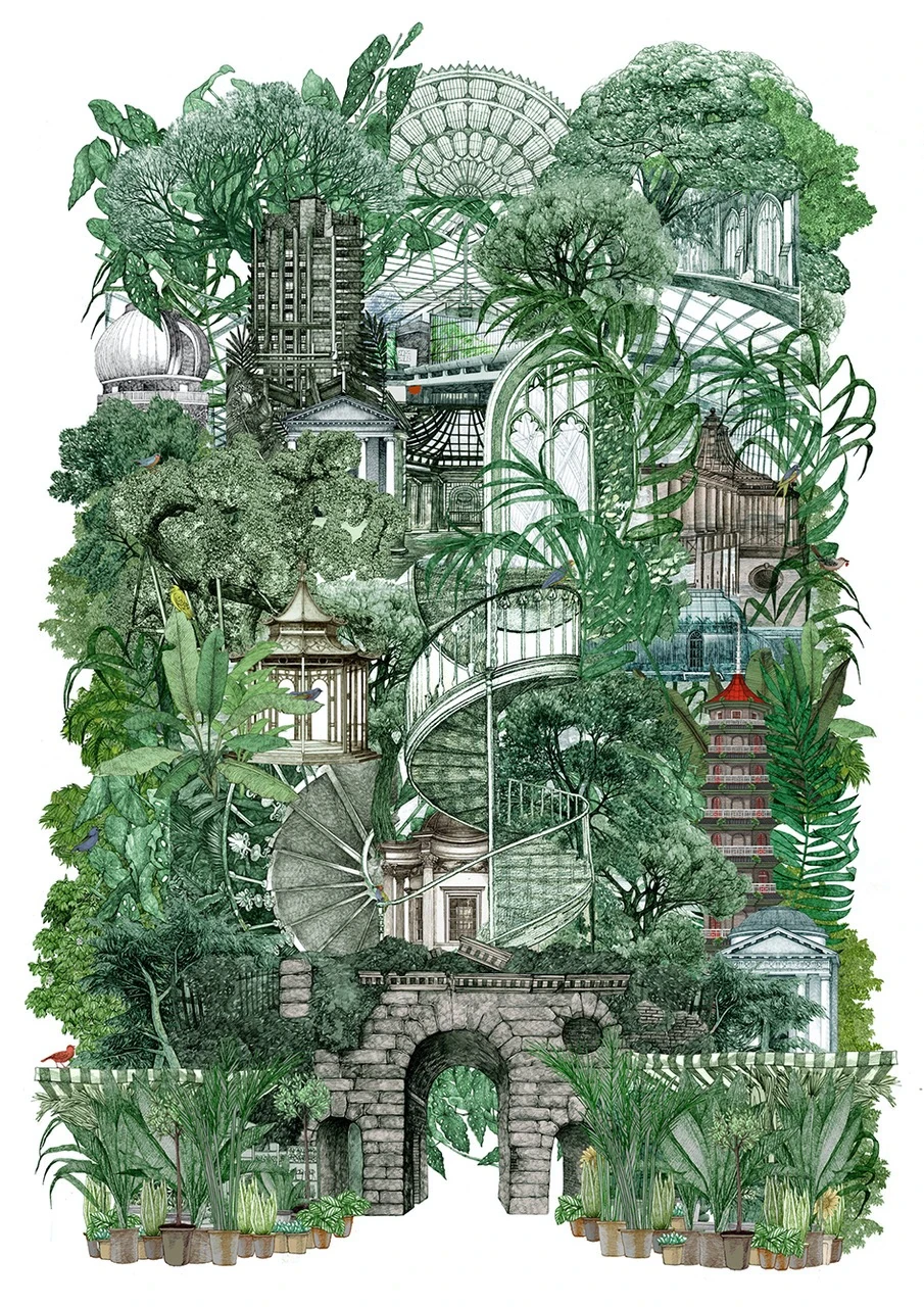 Illustration verticale mêlant gratte-ciels, monuments londoniens et végétation dense envahissant toute la composition