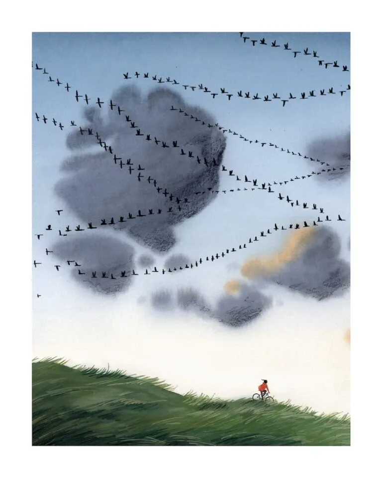 Dessin de Lauriane Miara avec des oiseaux migrateurs au dessus d'un personnage sur un vélo