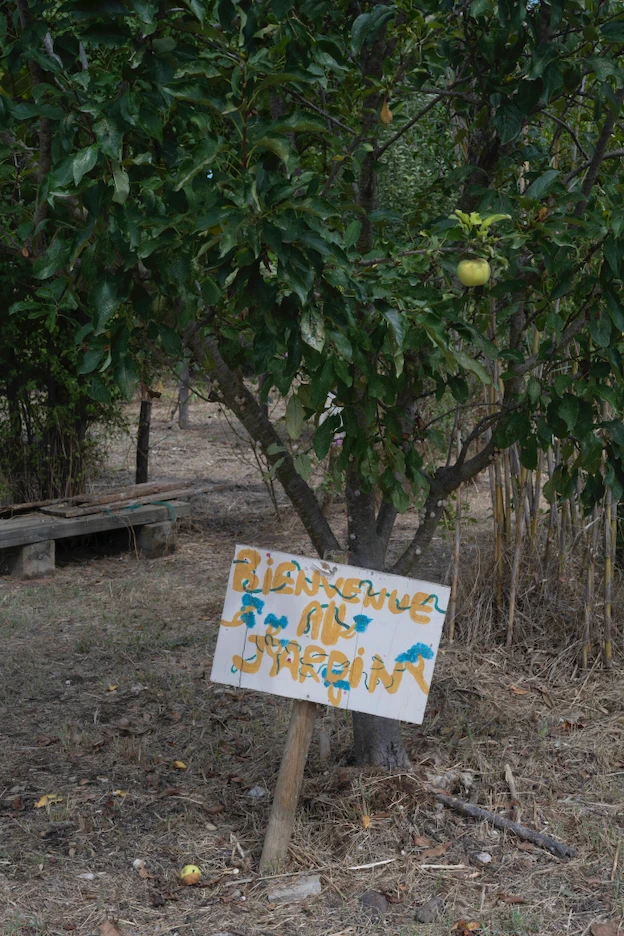Panneau fait main posé devant un arbre avec écrit "Bienvenue"