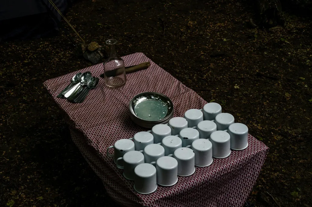 Petite table de picnic avec une nappe à carreau et des mugs